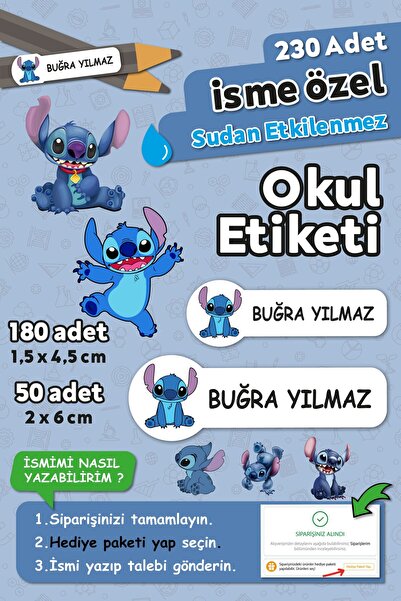 HediyeHanesi Stitch Temalı Kişiye Özel İsimli Defter Kalem Okul Etiketi, Yırt...