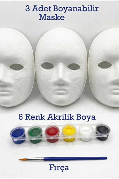 HOBBYRONS 3’lü Beyaz Ham Maske Boyama Seti - 6 Renk Akrilik Boya ve Fırça Dahil Etkinlik & Kostüm Maskesi