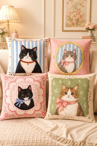 EVPANYA Framed Cats Patterned 4-Piece Throw Pillow Cover Set