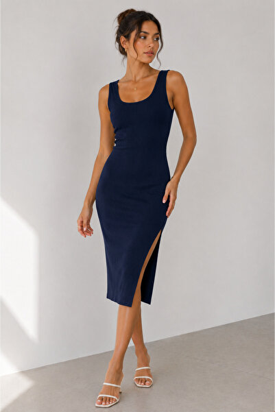 buğlem collection Kadın U Yaka Yırtmaçlı Pamuklu Likralı Kaşkorse BodyCon Elb...