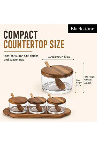 Blackstone Condiment Jar Set, 3 Glass Jars with Acacia Wood Lids, Spoons and Organiser Tray, 10-Piece Kitchen Set
