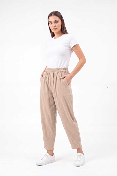 dolcemix Women's Carrot Model Muslin Gabardine Mixed Comfortable Cut Cream Pants
