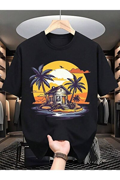 799 تي شيرت Sunset Island Graphic Plus Size - تي شيرت بأكمام قصيرة وقصة مريحة...