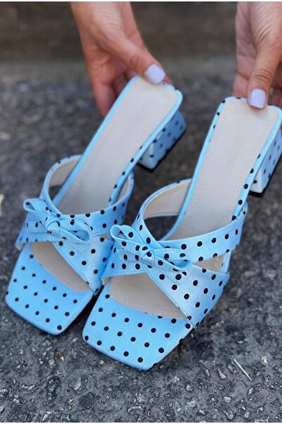 I Love Shoes İvena Baby Blue Polka Dot Satin Women's Heeled Slippers