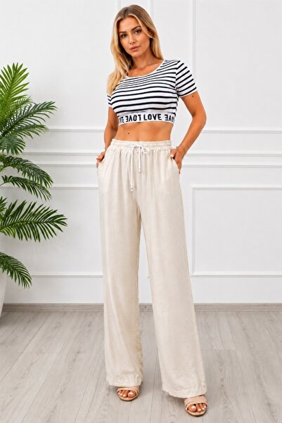 FashionForYou Pantaloni lungi texturați Marietta cu șnur în talie, CREAM
