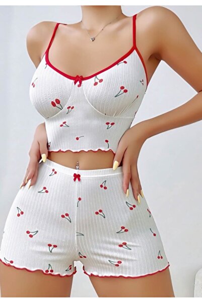 R RUSELİN Kadın Vişne Desenli Dantel Askılı Şortlu Pijama Takımı