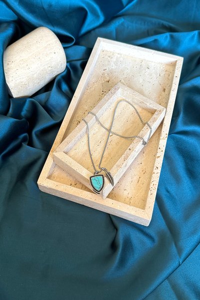 MOONİ ACCESSORİES Viking Design Turquoise Stone Feather Arrow Figured Silver Color Men's Steel Necklace