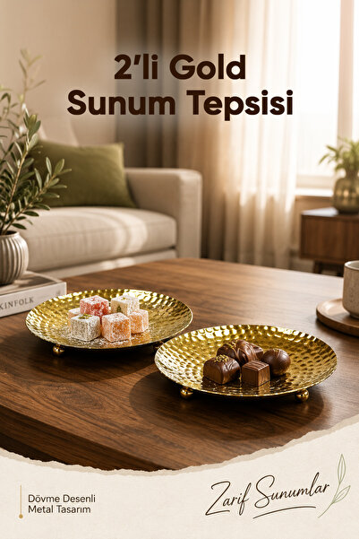 Vienev Set of 2 Gold Color Forged Patterned Metal Presentation Trays 14 cm - ...
