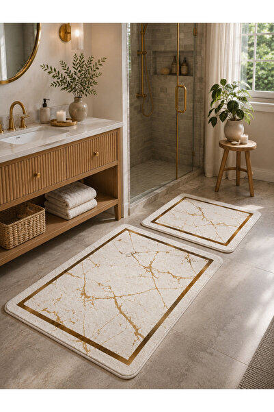DECOVİST HOME Kaymaz Tabanlı Yıkanabilir 2’li Düz Beyaz Banyo Paspası ve Kloz...
