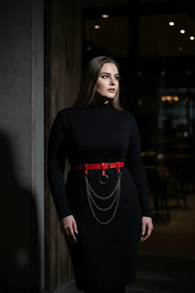 Angels Passion Large Size Red Women's Belt with Ring Buckle and Chain Detail ...