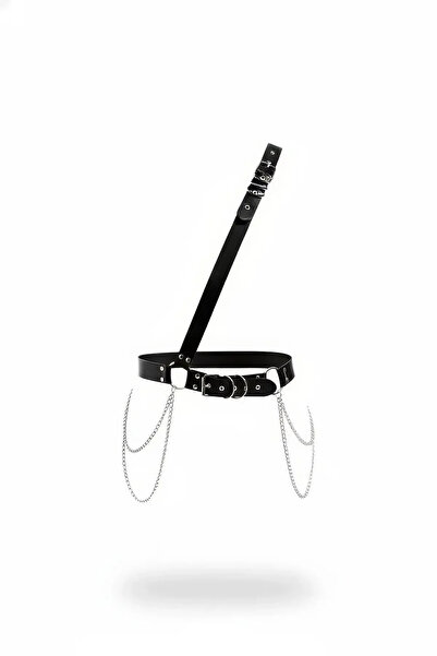 Angels Passion Black Faux Leather Waist Harness with Silver Chain Detail