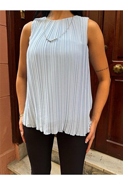 Moda4x4 Women's Clothing Baby Blue Lined Pleated Sleeveless Blouse