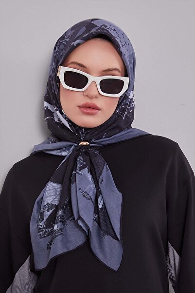 Levidor Anthracite Landscape Pattern Silk Cotton Scarf
