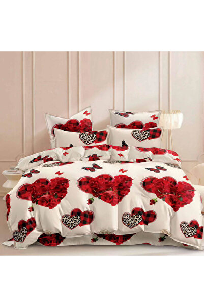 CumparaMisim Lenjerie pat dublu, bumbac satinat, 4 piese, Crem, Rosu, inimioare