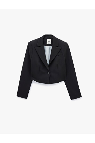Koton Buttoned Long Sleeve Crop Blazer Jacket with Pockets