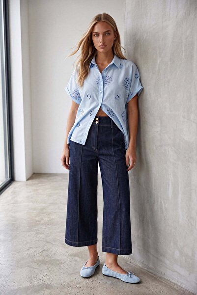 Trend Alaçatı Stili Women's Blue Embroidery Motif Woven Short Sleeve Shirt Al...