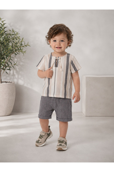 WE&ME Baby Boy Striped Linen Look Shorts Set with Lace-Up Detail for Summer