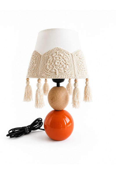Kauri Studio Bohemian Wooden and Metal Body Lampshade with Macrame Weaving an...