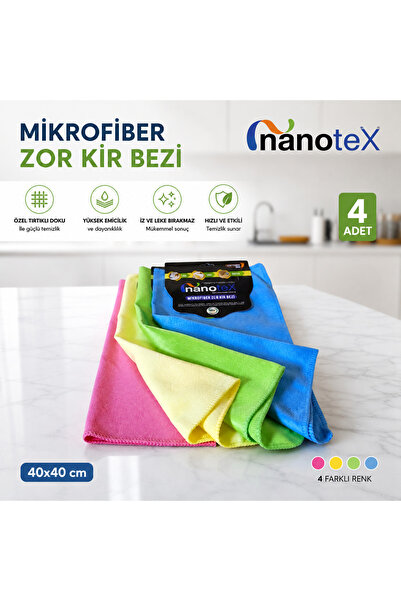Nanotex ® Mikrofiber Zor Kir Bezi 4'lü Set 40x40 cm Çift Taraflı Tırtıklı Tem...