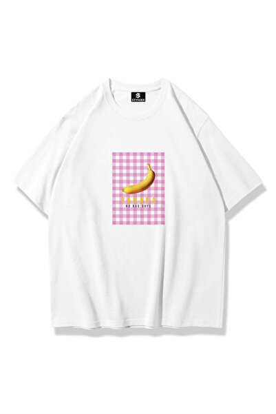 STYKEER تي شيرت للجنسين مقاس كبير مطبوع عليه "BANANA" تي شيرت أبيض فضفاض