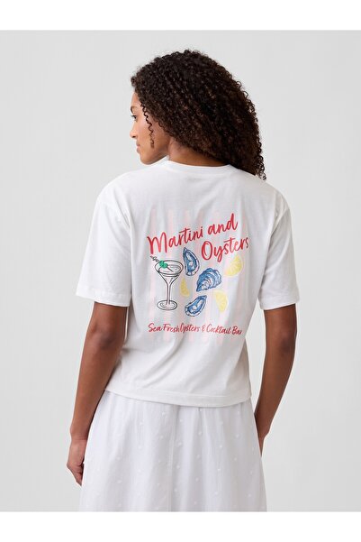 GAP Kadın Beyaz Boxy Grafik Baskılı T-Shirt