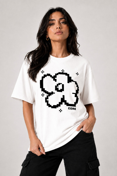 Rubonia Women's Oversize Pixel Floral Print T-Shirt 100% Cotton Comfortable F...