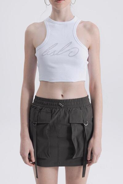 BSL Halter Yaka Taş Baskılı Top