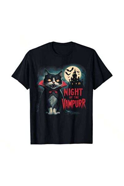 45 BPM تي شيرت مطبوع عليه Night Of The Vampurr Funny Cat Halloween Rock Gothi...