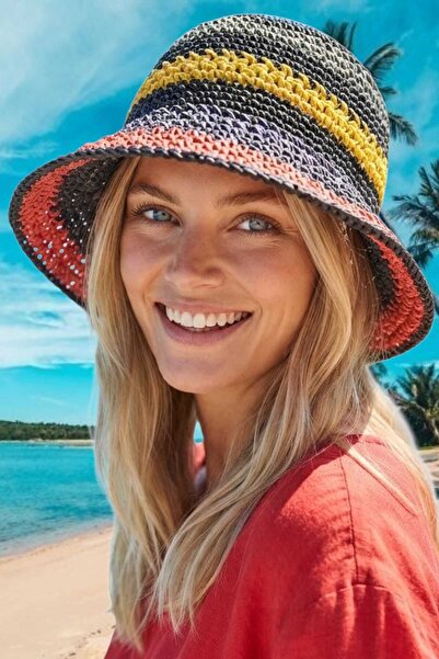Uniquetrenders Women's Multi-Colored Striped Knitted Bucket Hat Straw Texture...