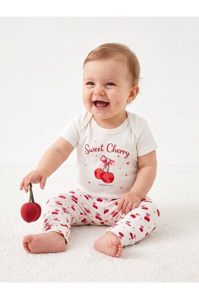 Kids Kingdom Cotton Cherry Detailed 2-Piece Baby Girl Bodysuit Daily Set