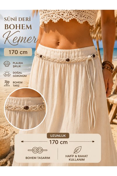 İMREN AKSESUAR Natural Handmade Faux Leather and Wooden Bead Belt 170 cm