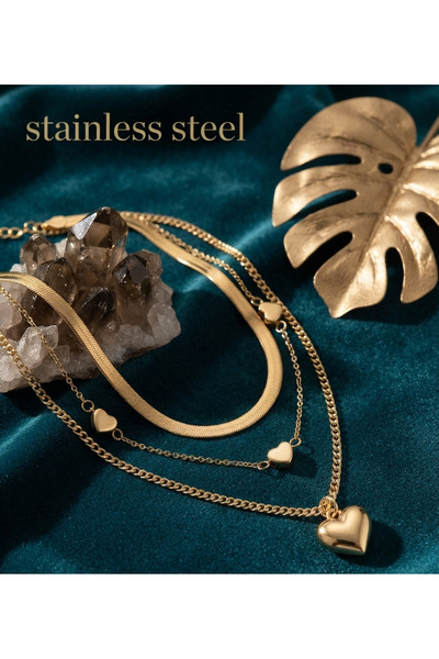 stainless steell قلادة VIP ذهبية اللون بثلاث سلاسل على شكل قلب