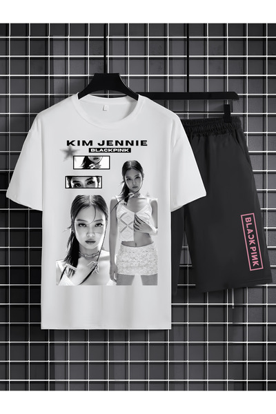 MAGORS طقم تي شيرت وشورت قصير الأكمام من القطن المطبوع من JISOO من BLACKPINK ...