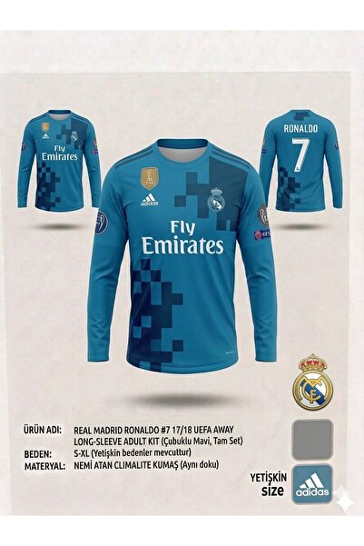 sonvadi Ronaldo Turkuaz Real.Madrid.2018 Yetişkin Forması Uzun Kol