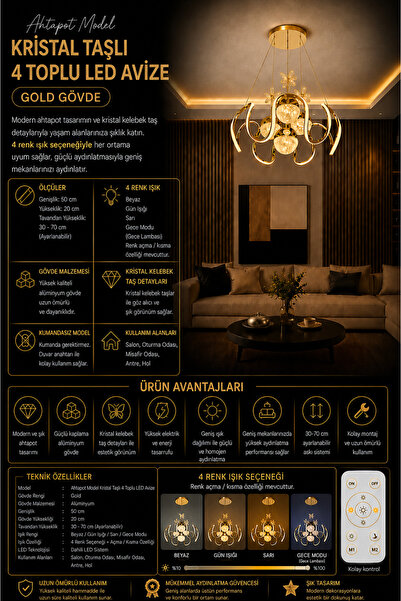 Genel Markalar Ahtapot Model Kristal Taşlı 4 Toplu LED Avize Gold – 4 Renk Ay...