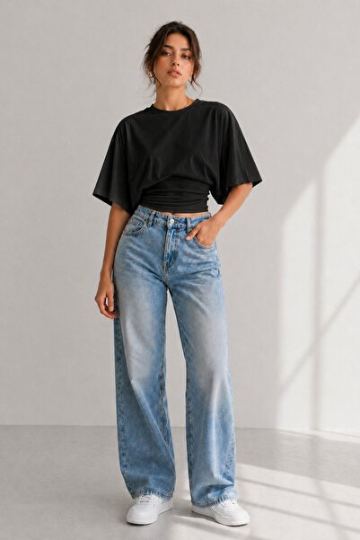 vuvutasarım Black Cotton Fabric Bat Sleeve and Waist Design Crop T-Shirt 88001