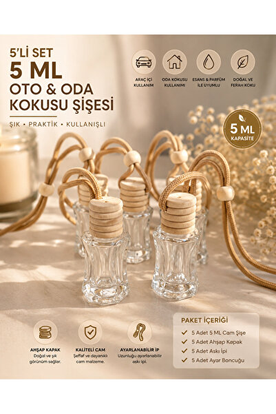 Mirkimya 5’li 5 ML Ahşap Kapaklı Cam Araç İçi Oda Kokusu Şişesi – Askı İpli D...