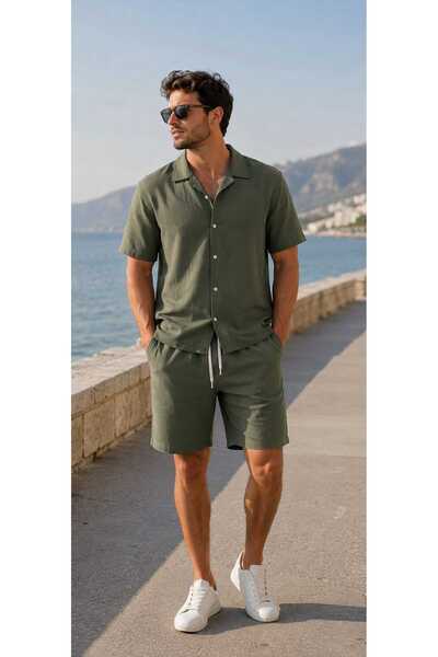 mavisima erkek giyimi Men's Khaki Summer Linen Shirt and Shorts Set – Comfort...