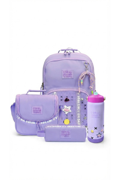 Coral High Charm detailed girl's school bag set bag+nutrition pen bag+steel t...