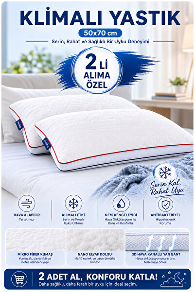 viscolog 2 Adet Lüx Klimalı Serin Tutan Rahat Uyku Yastığı 50x70 (Tela çantalı)