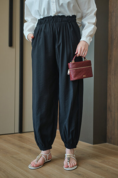 LOCCO Women's Elastic Waist and Cuffs Double Pocket Detail Modal Trousers Black