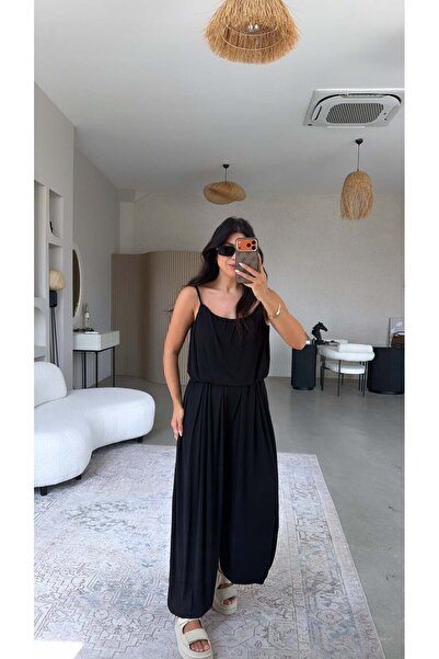 Buket Teke Siyah Oys Model Askılı Bluz Şalvar Dökümlü Takım