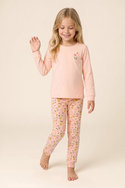BAYKAR Girl's Cotton Crew Neck Floral Printed Long Sleeve Pajama Set 9278 Pink