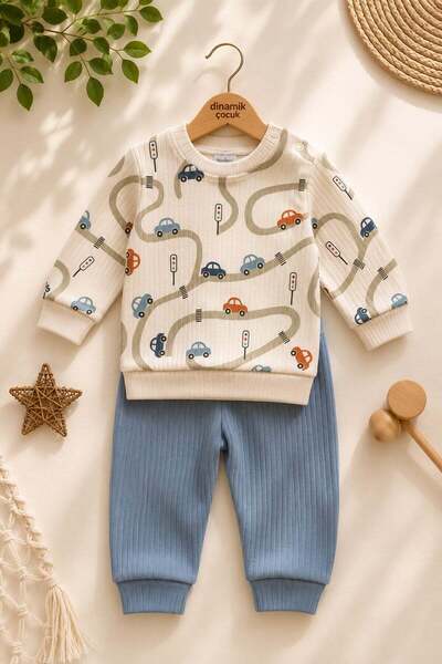 dinamik çocuk Baby boy car patterned ribbed top and bottom set 3-6-9-12 month...