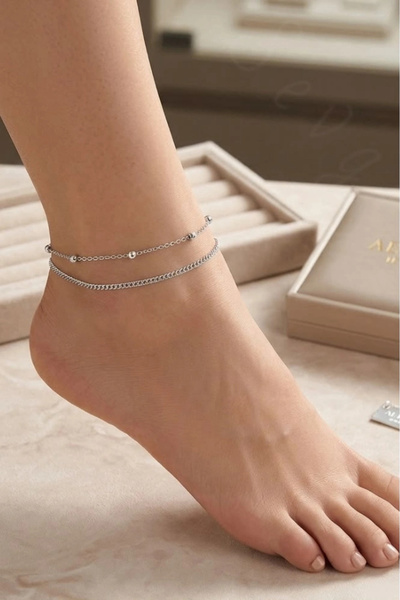 SEVGİLİ TAKI Double Chain Silver Color Anklet |   Steel Anklet |   Gökçe Series