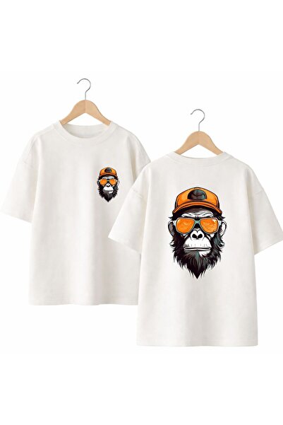 playwear تي شيرت برتقالي اللون مطبوع عليه قرد على الظهر والصدر الأمامي، مصنوع...
