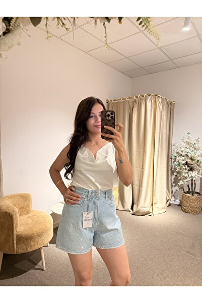 Alâ Butik Official Kadın Açık Mavi Taş İşlemeli Yüksek Bel Denim Şort