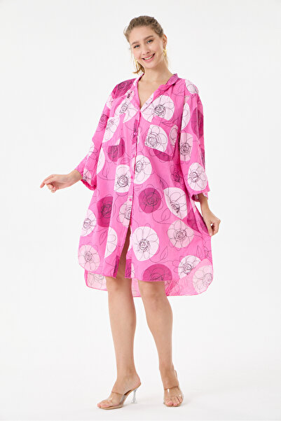 della moor Fuchsia Italian Plus Size Floral Patterned Tunic Shirt Dress 42 - ...