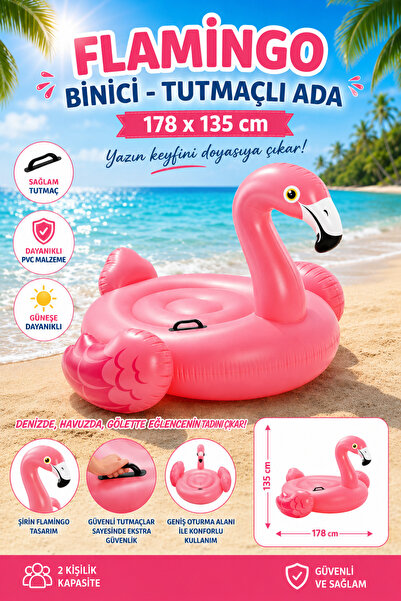YILDIRIM OYUNCAK Flamingo Binici Tutmaçlı Şişme Deniz Adası 178x135 cm Büyük ...