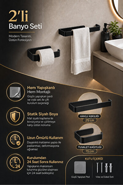 Alper Banyo Siyah Lamalı 2'li Banyo Seti, Lamalı Solo Havlu Kağıdı Askısı, Lamalı Tuvalet Kağıdı Askısı, Hem Yapışkanlı Hem Montajlı Ürün